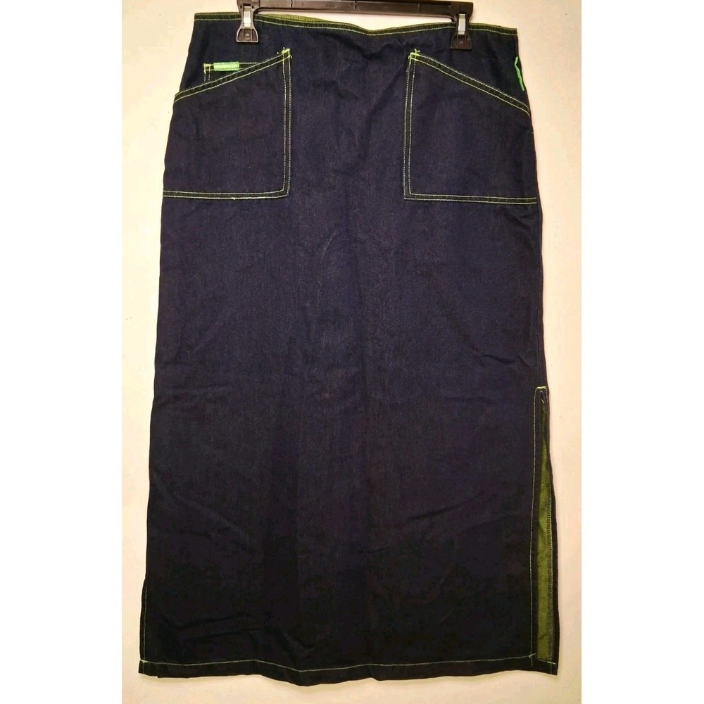 Vintage Y2K Maxi Starwear Blue Denim Skirt Green Top Stitch 13/14 Goth Rock Boho